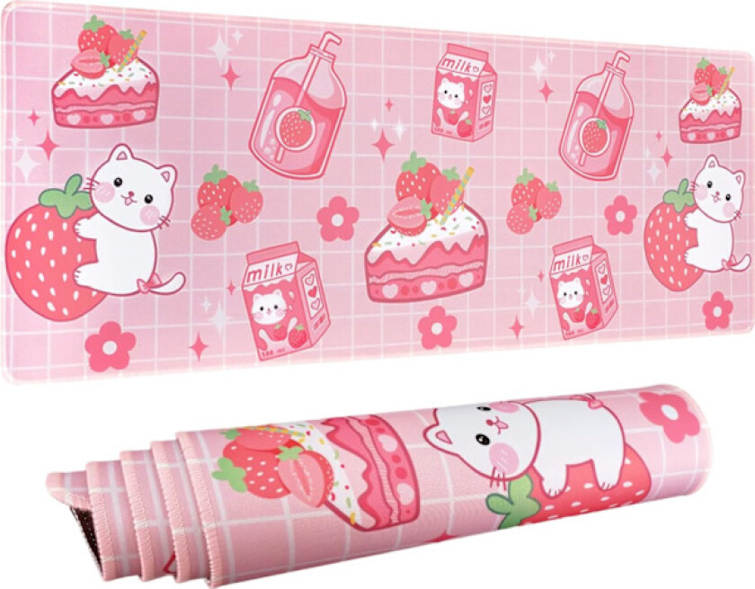 Kawaii Gaming Musematte for Skrivebord, Stor Kitten Jordbærmelk Musematte, Rosa Musematte XL, Søt Musematte Anime