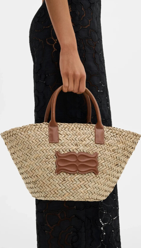Small Leather Trimmed Monogram Straw Tote - Brown - ONE SIZE