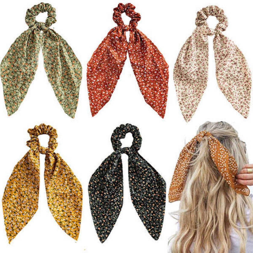 5 stk. blomstrete hårbånd med sløyfe for kvinner og jenter, sløyfe-scrunchies for hår, hårstrikker med sløyfe, chiffon blomstrete scrunchie lange hårbånd