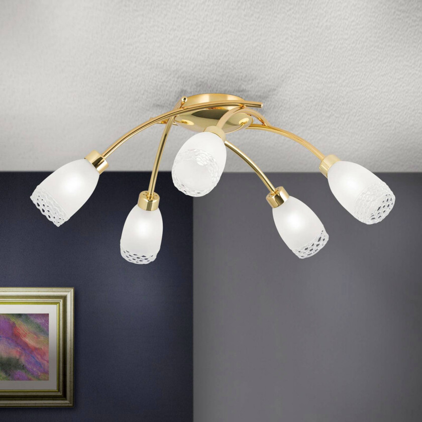 Taklampe CARLA, messingfarget, Ø 60 cm Metall/glass 5 lyskilder