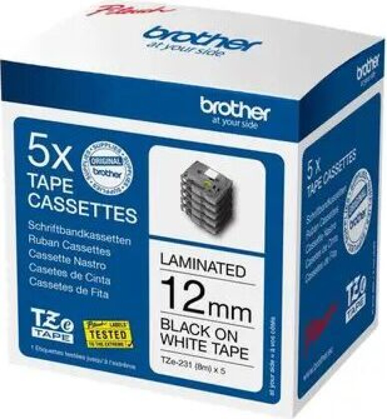 Tape Tze-231 12mm Svart/hvit 5-pack