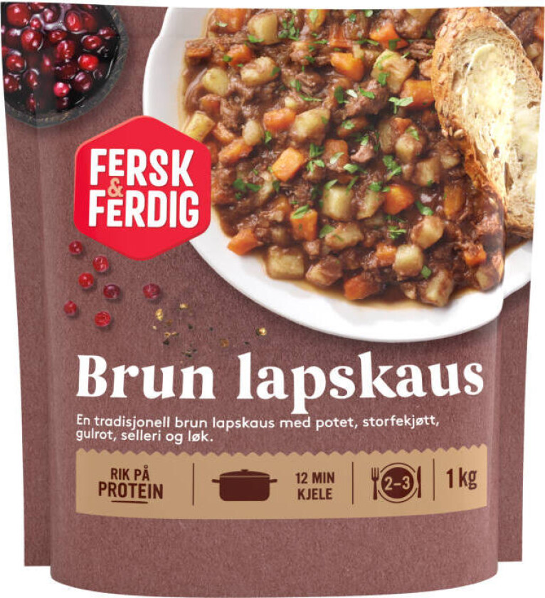 Brun Lapskaus En tradisjonell lapskaus med potet storfekjøtt gulrot selleri og løk. Server gjerne med flatbrød og tyttebær.