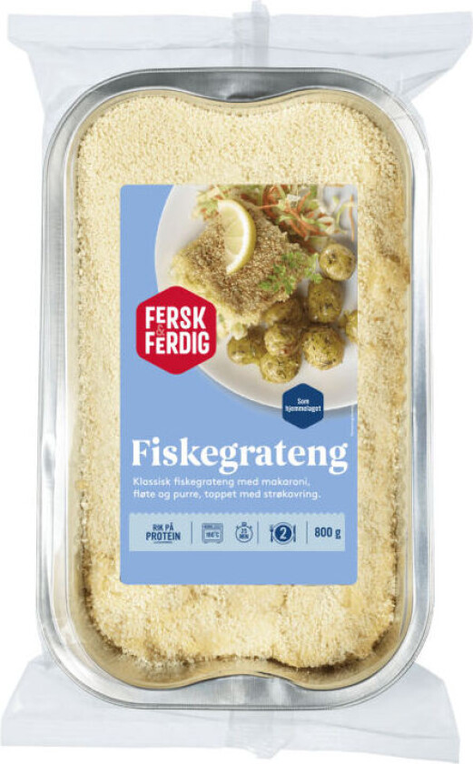 Fiskegrateng Klassisk fiskegrateng med makaroni, fløte og purre, toppet med strøkavring.