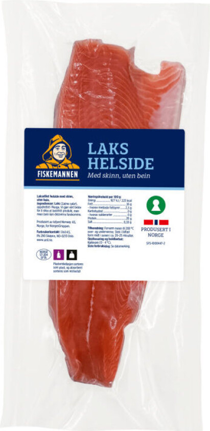 Laks Helside Hel filet side av laks, med skinn, uten bein