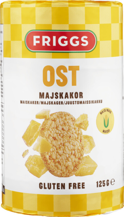 Maiskaker Maiskaker Ost har en god og mild smak av ost. Gode å spise som de er, eller med pålegg. Naturlig glutenfrie og rike på fullkorn. Passer perfekt som snack eller mellommåltid.