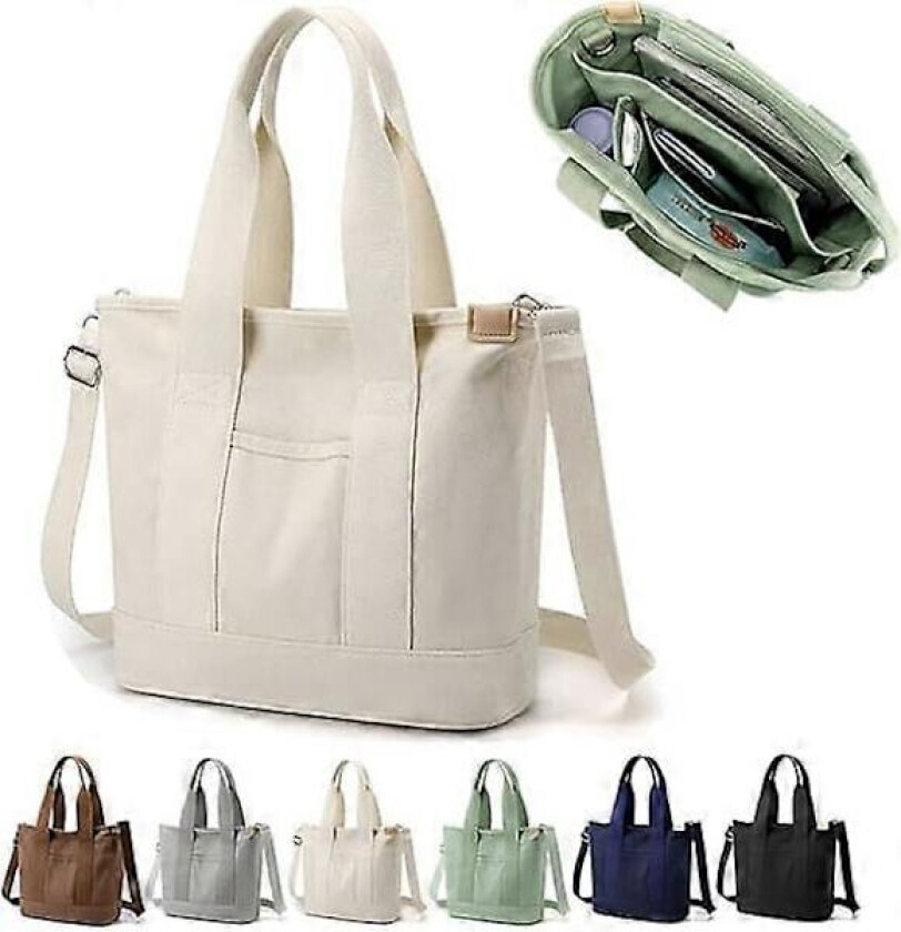 Flerlommet Tote Bag med Glidelås, Håndlaget Canvas Håndveske med Rom, Multifunksjonell Satchel Bag for Kvinner Damer Universitet Skole Arbeid Reise