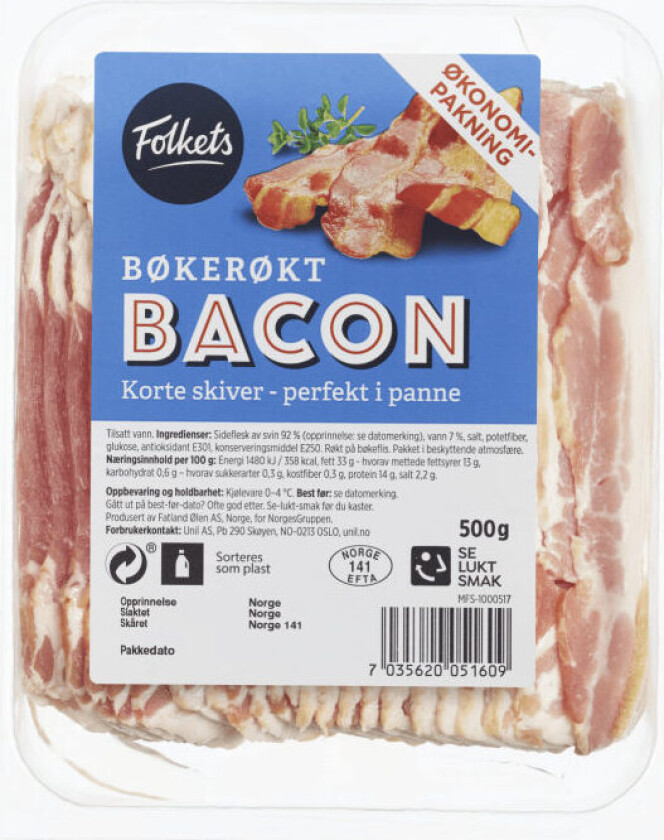 Bacon i skiver Bøkerøkt bacon i skiver, uten svor. Råstoff fra Norge/Tyskland
