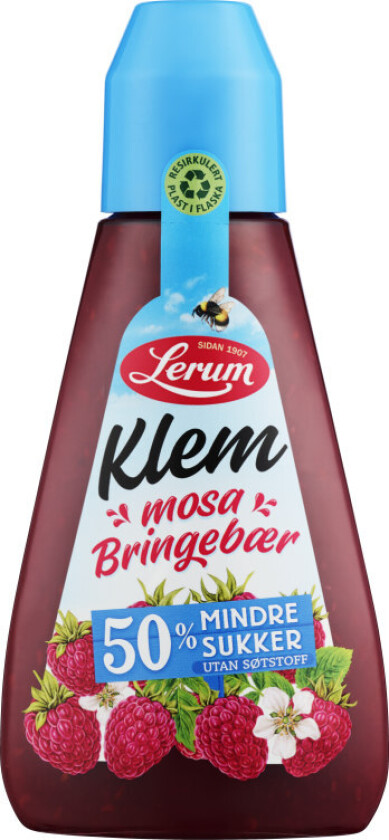 Bringebærsyltetøy Klem er laga av dei beste bæra som er most og sylta - heilt utan bitar. Flaskene er laga av resirkulert plast og er praktiske både heime og på tur. Start dagen med ein god klem.