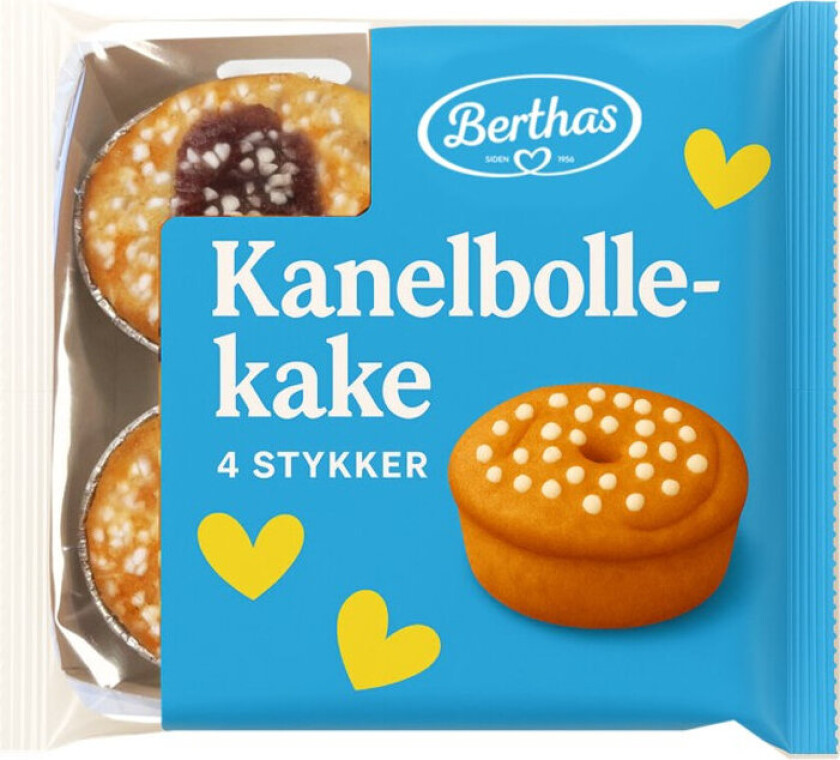 Kanelbollekake Fire porsjonspakninger bakt i aluminiumsform, med kjerne av kanelremons, deig med kanelsmak og toppet med perlesukker
