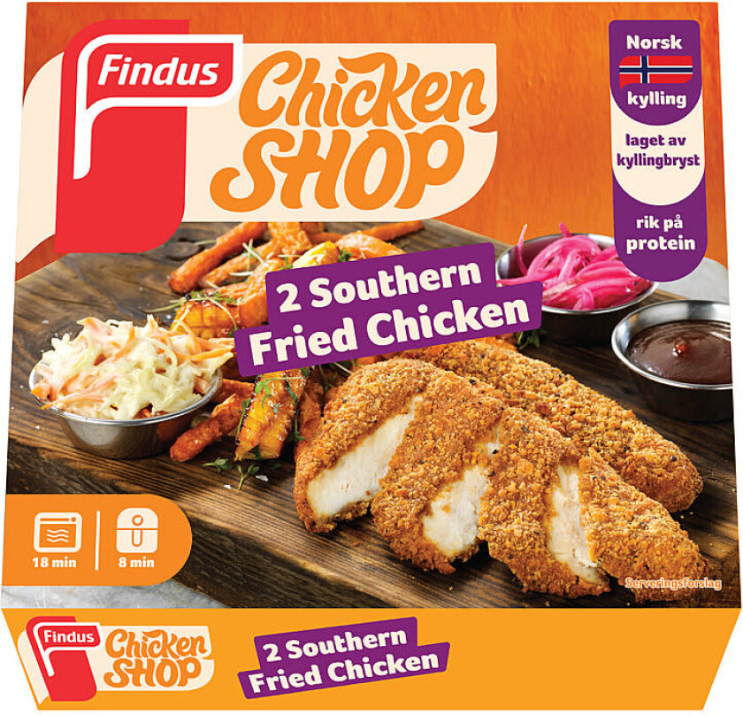 Fried Chicken Brystfilet av Norsk saktevoksende kylling. Panert med brødrasp og krydret med løk, hvitløk, fennikel, pepper, muskat, paprika og salvie. Dette gir en ekstra god smak på paneringen.