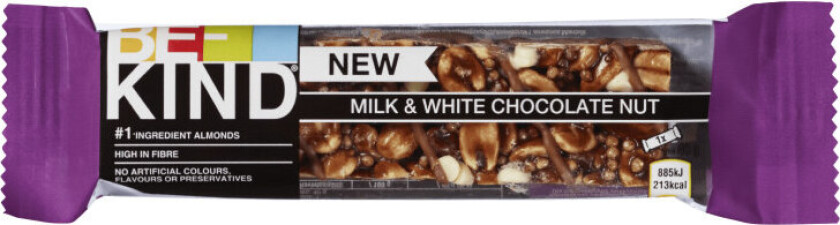 Be-Kind Hele nøtter blandet med kremet melkesjokolade, toppet med biter av hvit sjokolade