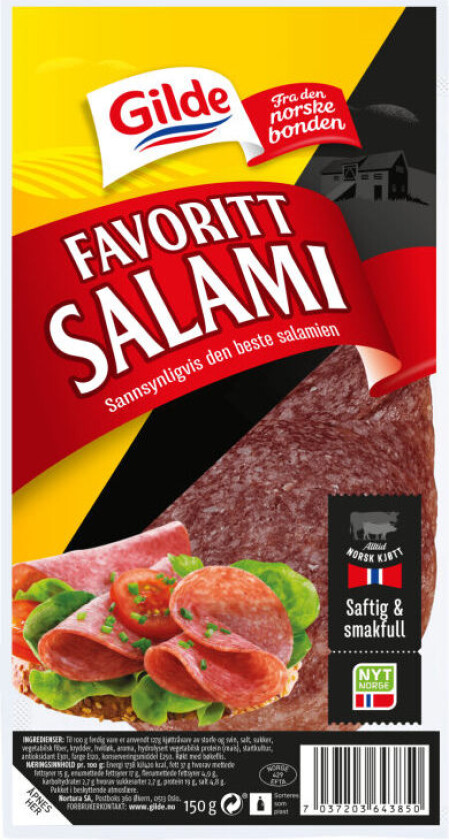 Favorittsalami Favorittsalami er en saftig og smakfull salami - en stor favoritt! Inneholder kun norske kjøttråvarer fra norske gårder.