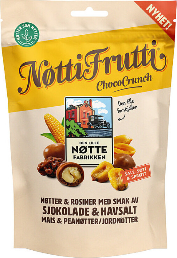 Nøtti Frutti En kjempegod nøttemiks med maisbiter, peanøtter, sjokoladepeanøtter og sjoko-rosiner.