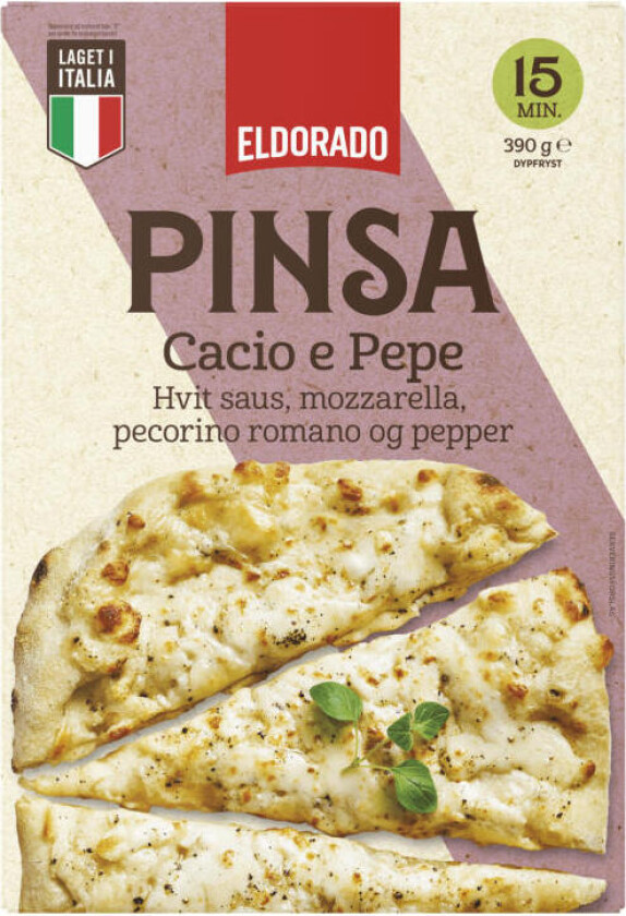 Pinsa Pinsa Cacio e Pepe har en saftig og sprø bunn toppet med pecorino, mozzarella og pepper. Produsert i Italia, inspirert av Roma.