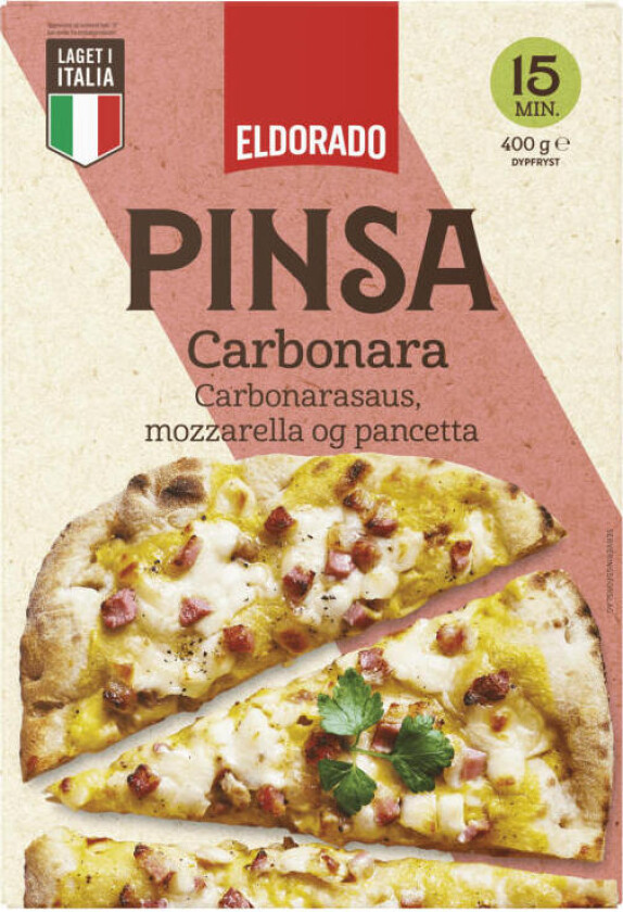 Pinsa Pinsa Carbonara har en saftig og sprø bunn toppet med en hvit saus, mozzarella, parmesan og pancetta. Produsert i Italia, inspirert av Roma.