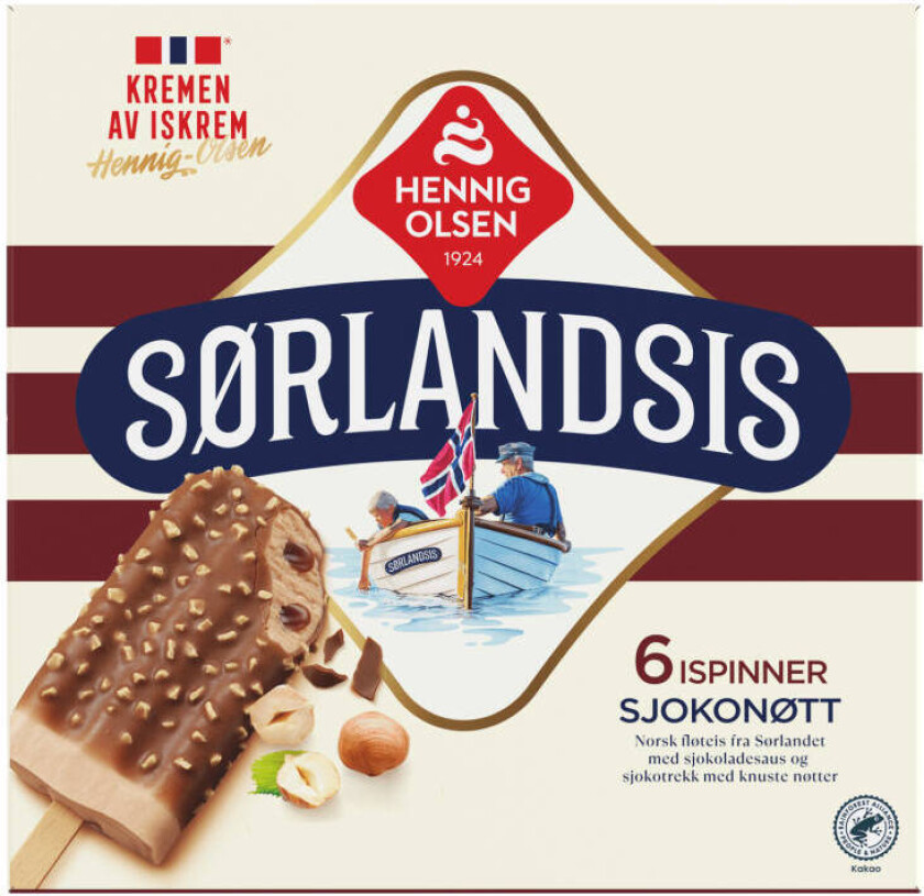 Sørlandsis Fløteis fra Sørlandet med nøttesmak, sjokoladesaus og sjokotrekk med hasselnøtter.