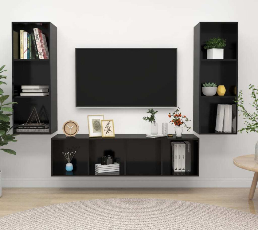 TV-benksett 3 deler høyglans svart sponplate