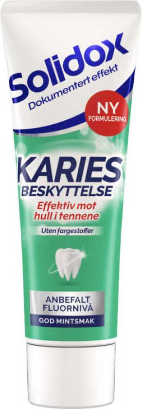 Tannkrem Karies Beskyttsle inneholder anbefalt fluornivå og beskytter mot hull og karies. Den har en god og frisk mintsmak.