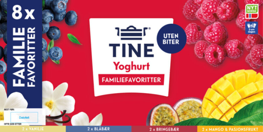 Yoghurt Familiemiks ® Yoghurt Familiemiks med fire fristende smaker - to av hver: vanilje, mango & pasjonsfrukt, bringebær, blåbær. Helt uten biter.