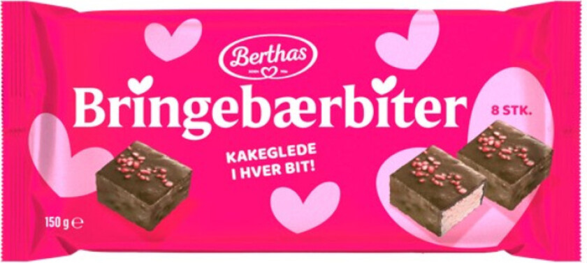 Bringebærbiter Porsjonkaker med luftig lyserød bunn m/bringebærsmak, sjokoladetrekk toppet med små crunchy bringebærbiter