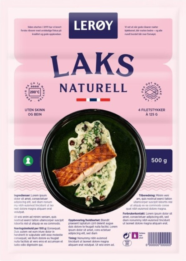 Laksefilet Fulltrimmet laksefilet, dypskinnet, i passe porsjonsstykker a 125g. Produsert på s fabrikk på Hitra.