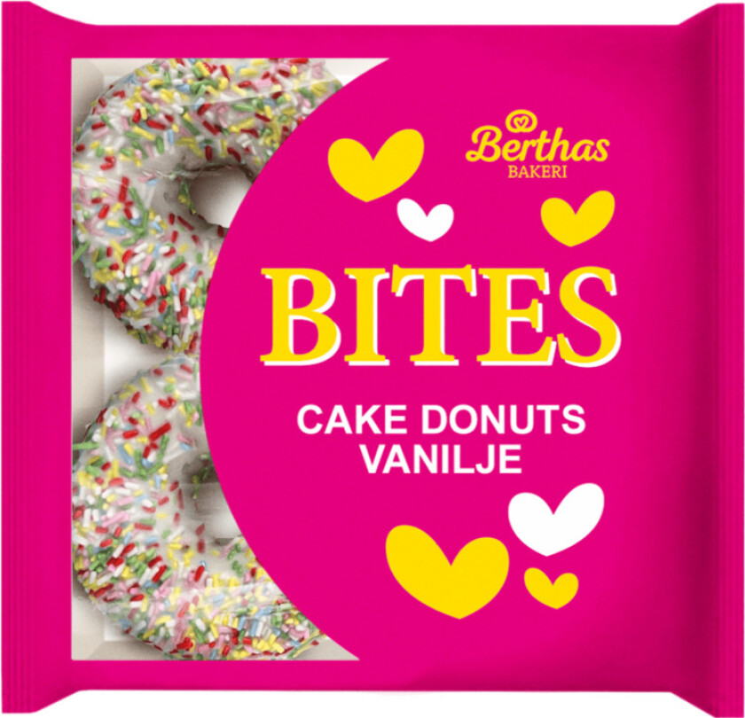 Cakedonuts 4 stk cakedonuts med deilig mild smak av vanilje, toppet med icing og tuttifrutti. Norsk bakst