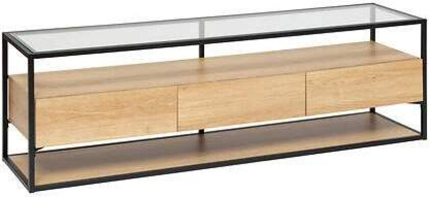 TV-benk i klart glass, 3 skuffer, 160 x 40 x 50 cm