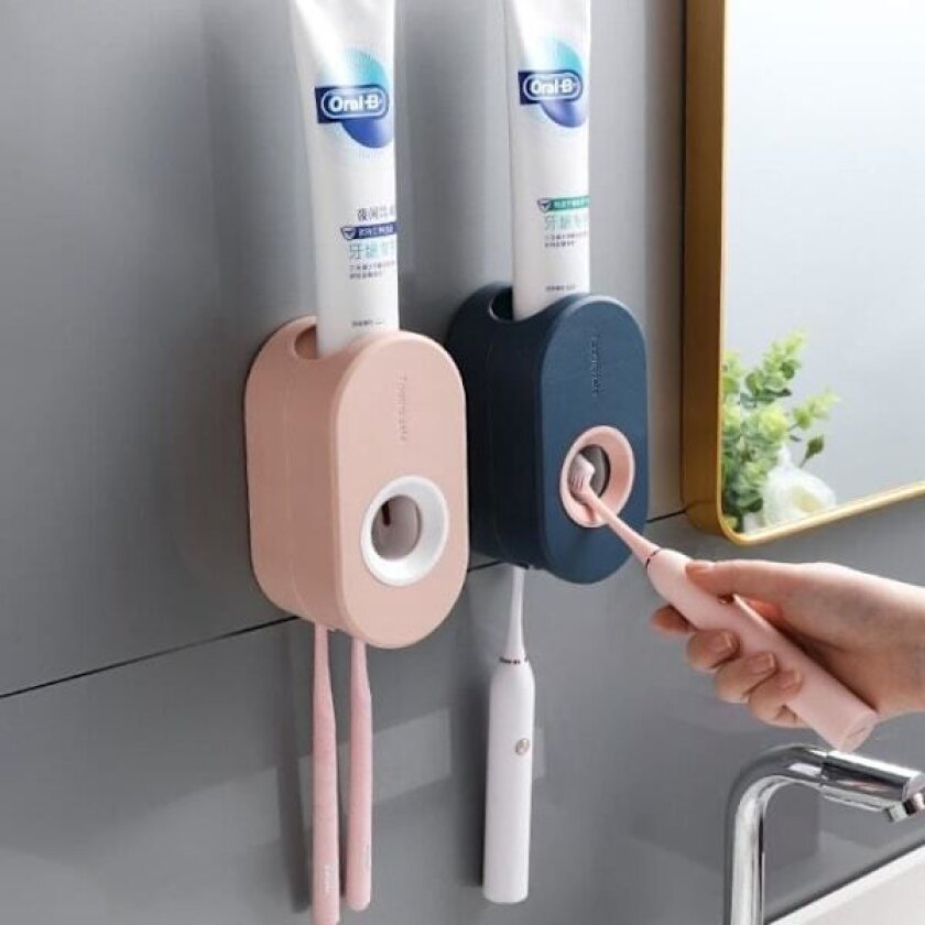 2-delt automatisk selvklebende tannkremdispenser sett, tannbørsteholder, veggmontert sugekopp tannkremdispenser