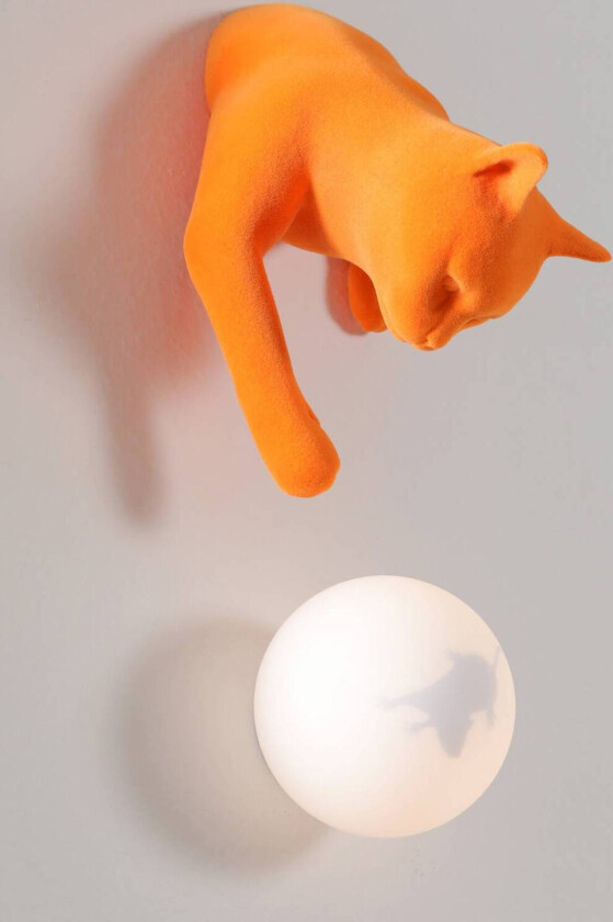 vegglampe Maoo, keramikk oransje, glass, kattefigur