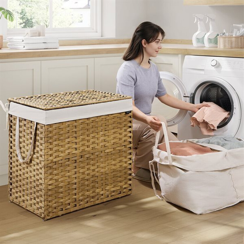 160 L skittentøyskurv med lokk og to seksjoner i rottingdesign