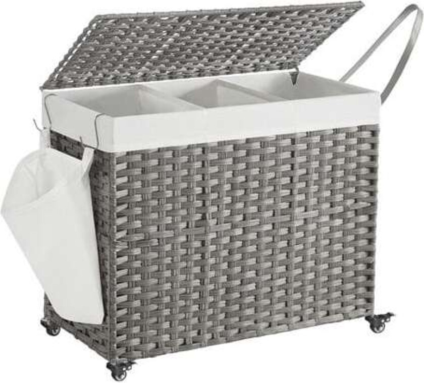 160 L skittentøyskurv med lokk, hjul og tre rom - Grå