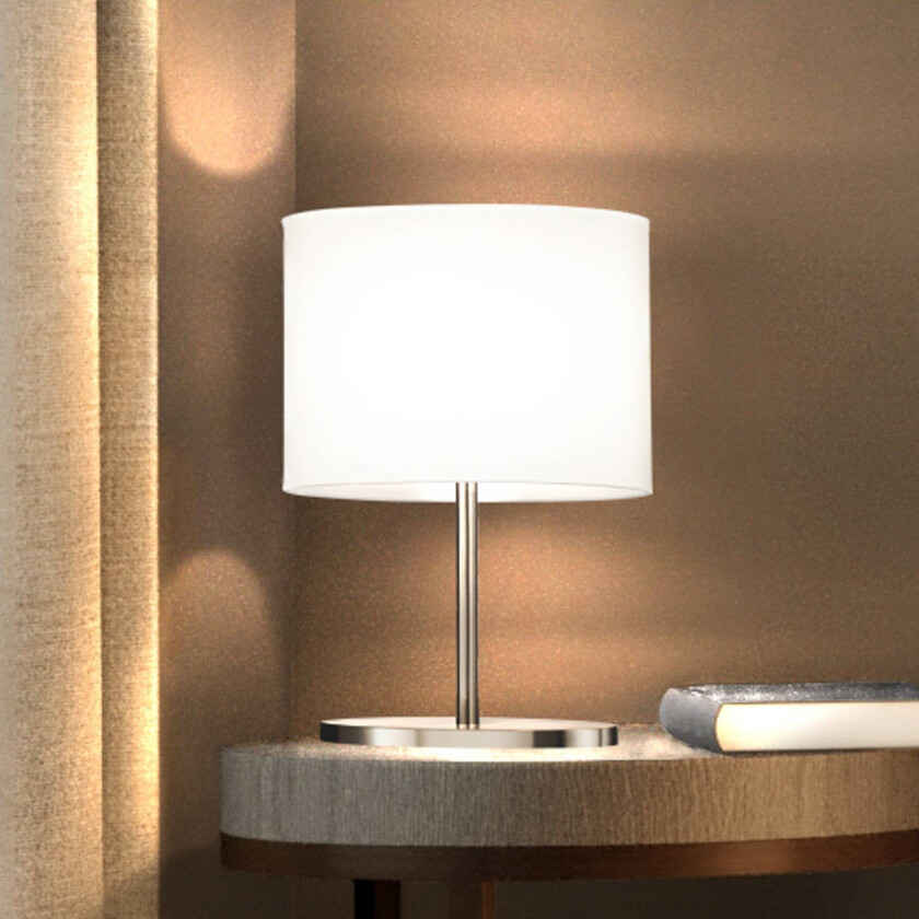 Bordlampe Modena, hvit/nikkel, chintz, høyde 27 cm, E14