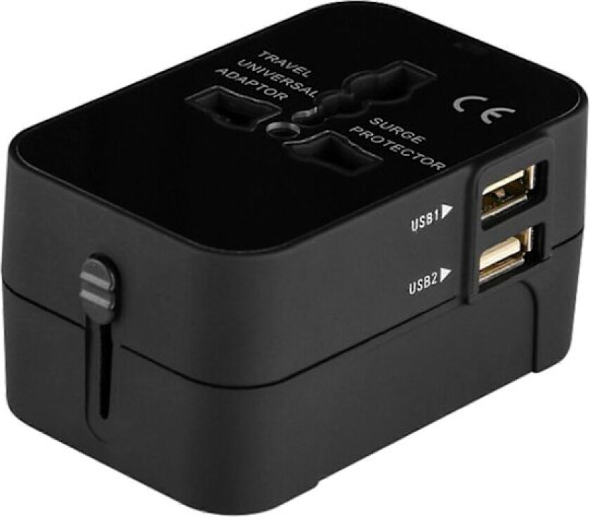 Universal internasjonal reisepluggadapter, veggladerkonverter med 2 USB-porter, for familieferier