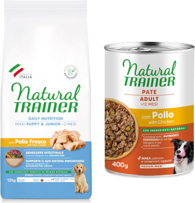 Bilde av 12 kg Natural Trainer + 2 x 400 g passende våtfôr på kjøpet! - Puppy Maxi + Medium & Maxi Adult kylling