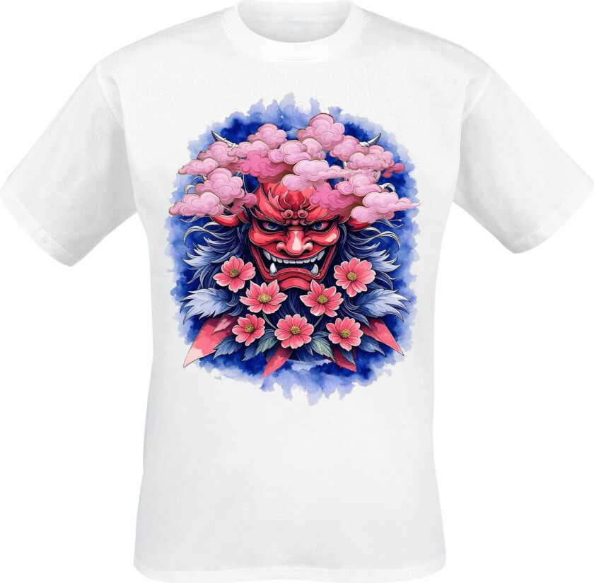 Fun T-skjorte - Oni Mask - Flower - M til 3XL - Herrer - hvit