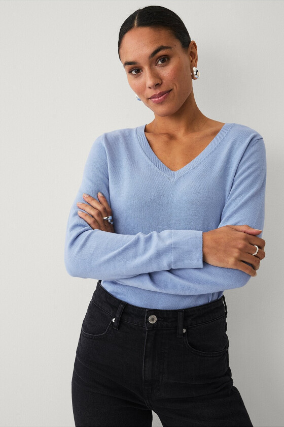 Strikket genser med v-hals - Blå