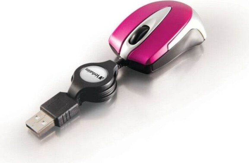 Go Mini Optical Travel Mouse - Mus - høyre- og venstrehåndet - optisk - 3 knapper - kablet - USB - varm rosa