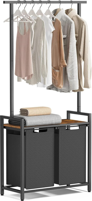 VASAGLE skittentøyskurv, m. 1 hylle, 2 uttrekkbare uttrekkbare kurver, opphengsstang - brun sponplate/svart stål