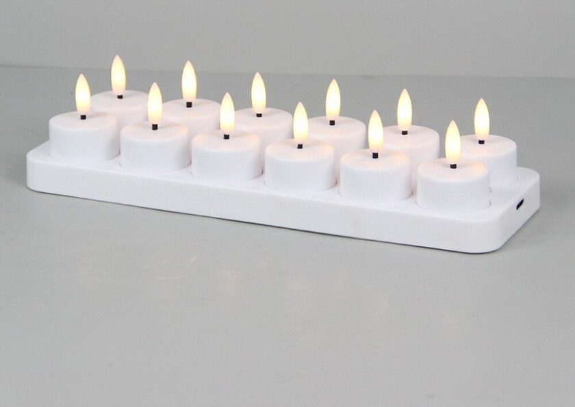 Bilde av 12-pakning hvite LED-telys inkl. ladebase - Inkl. fjernkontroll, timer