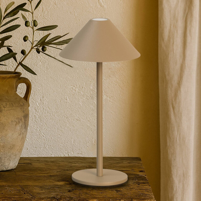 LED-batteridrevet bordlampe Prato, greige, høyde 25 cm metall IP54