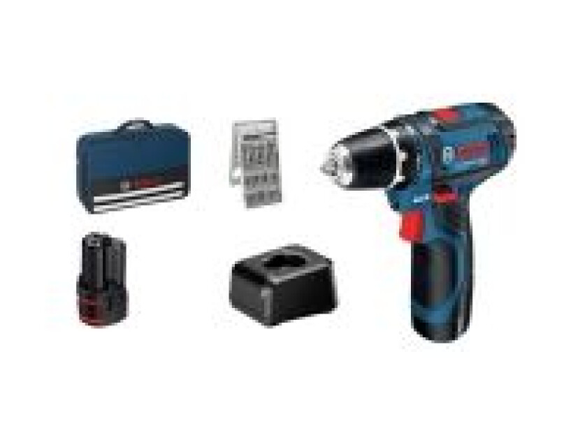 Bosch skrutrekker GSR12V-15, 2 x 2,0 Ah, med bag og tilbehør