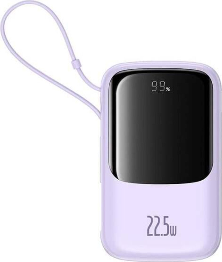 Qpow Pro+ 10000mAh 22.5W Power Bank with Built-in USB-C Cable and Display - Purple Nødlader - Lilla - 10000 mAh