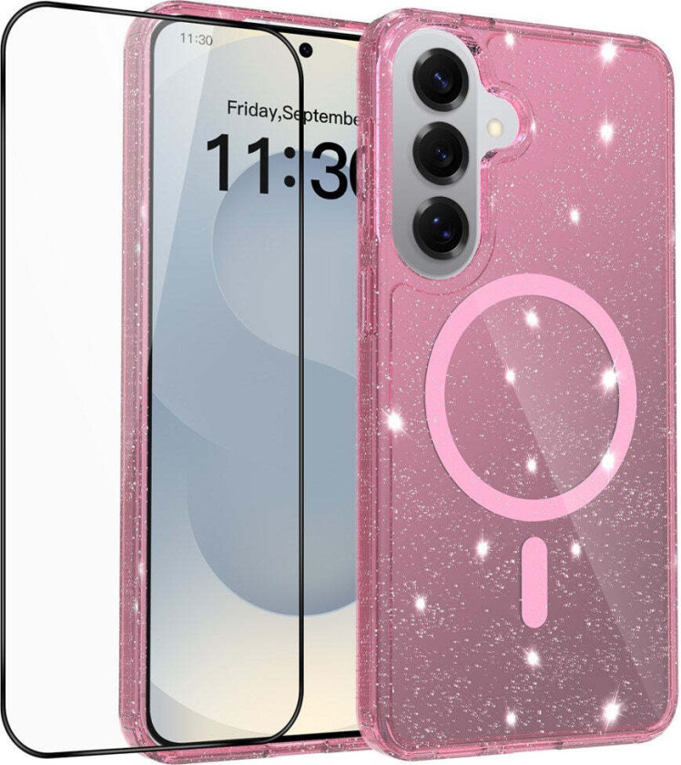 Samsung Galaxy S26+ (Plus) EIDERWOOD Magnetisk Plast Glitter Deksel m. Skjermbeskyttelsesglass – MagSafe Kompatibel – Gjennomsiktig / Rosa