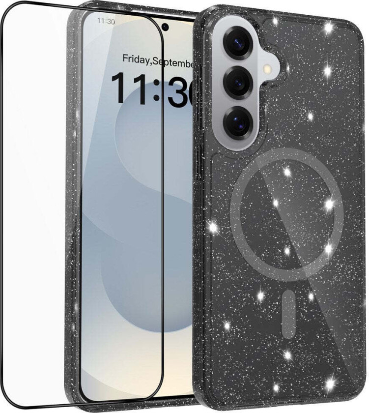 Samsung Galaxy S26+ (Plus) EIDERWOOD Magnetisk Plast Glitter Deksel m. Skjermbeskyttelsesglass – MagSafe Kompatibel – Gjennomsiktig / Svart
