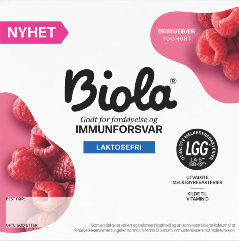 Biola Yoghurt Biola® Yoghurt Bringebær er en forfriskende og god yoghurt. Yoghurten inneholder de nøye utvalgte melkesyrebakteriene LGG®, LA-5™ og BB-12™, samt vitamin D. Produktet er laktosefritt.