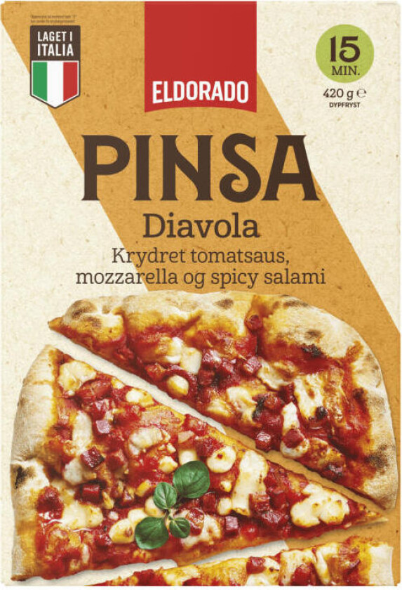 Pinsa Pinsa Diavola har en saftig og sprø bunn toppet med en klassisk tomatsaus, mozzarella og en spicy salami. Produsert i Italia, inspirert av Roma.