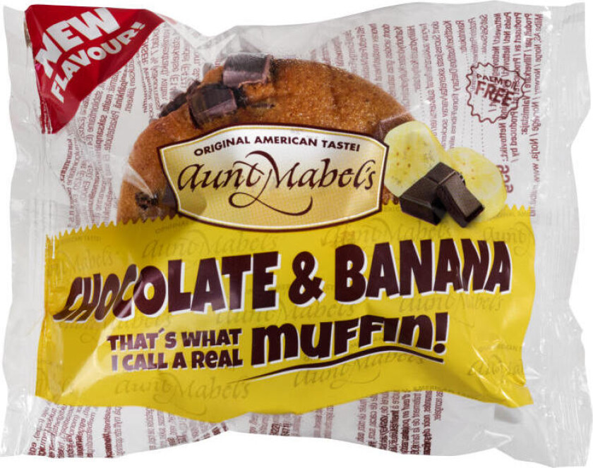 Muffins Choco&Banan Saftig bananmuffin med mørk sjokolade i deigen. Toppet med mørke sjokoladebiter