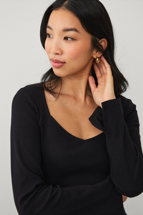 Ribbet topp i bomullsjersey - Svart