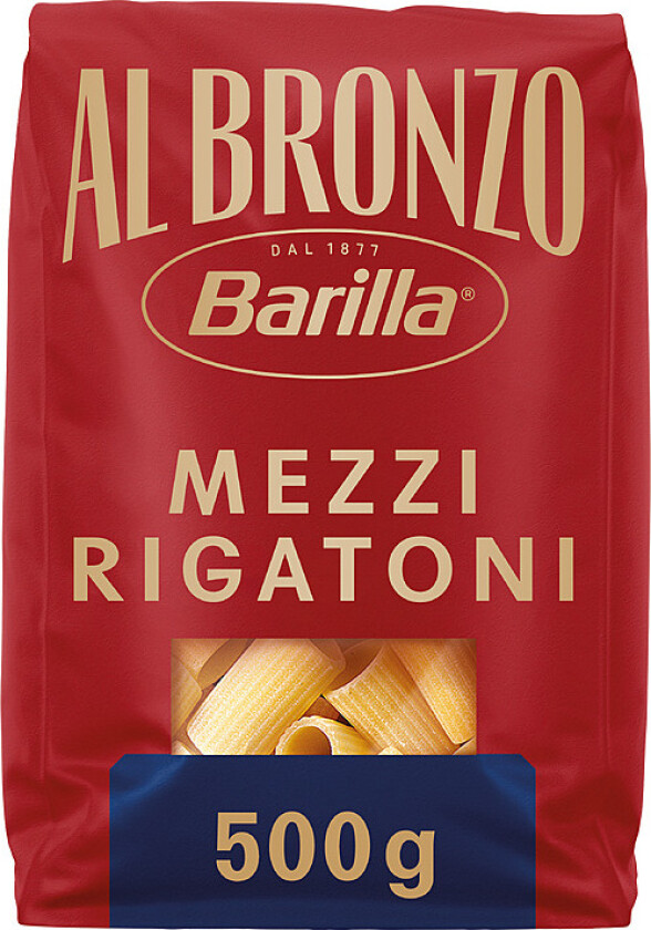 Rigatoni Al Bronzo En smakfull, premium, bronsestøpt pasta fra laget av utvalgt durumhvete. Den bronsestøpte pastaen er proteinrik (14% protein), er fyldig og har en usedvanlig grov tekstur.