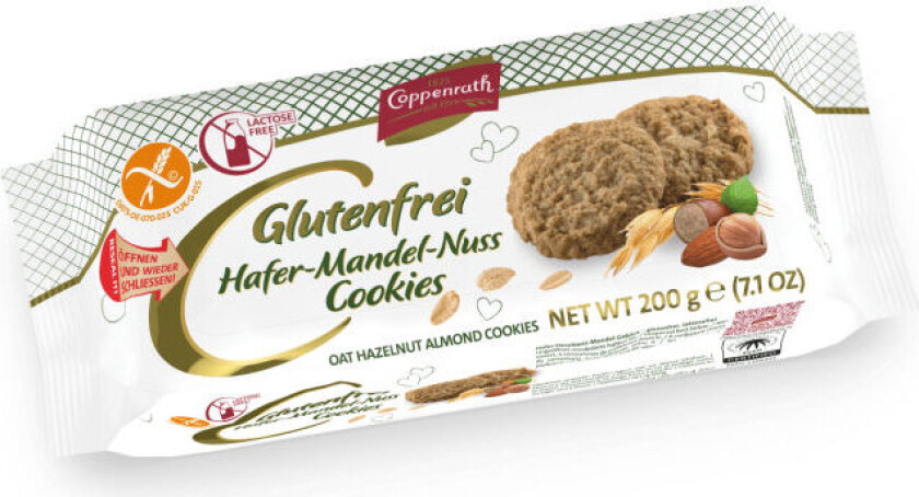 Havrekjeks m/Mandler Glutenfri og laktosefri havrekjeks med god og autentisk smak av hasselnøtt og mandel.